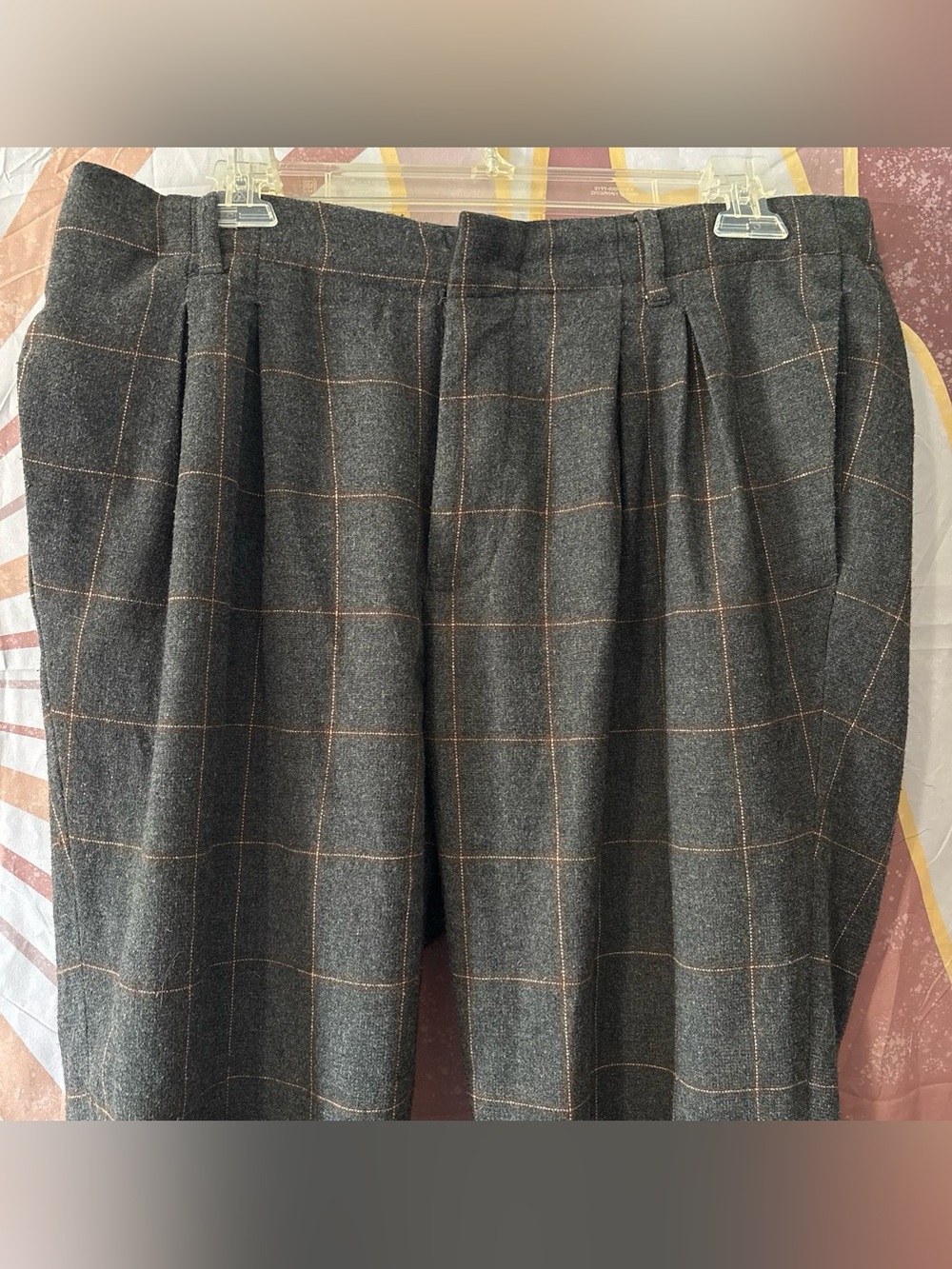ASOS Men’s preppy plaid Gray Pleated Dress Pants with Brown Check wool blend